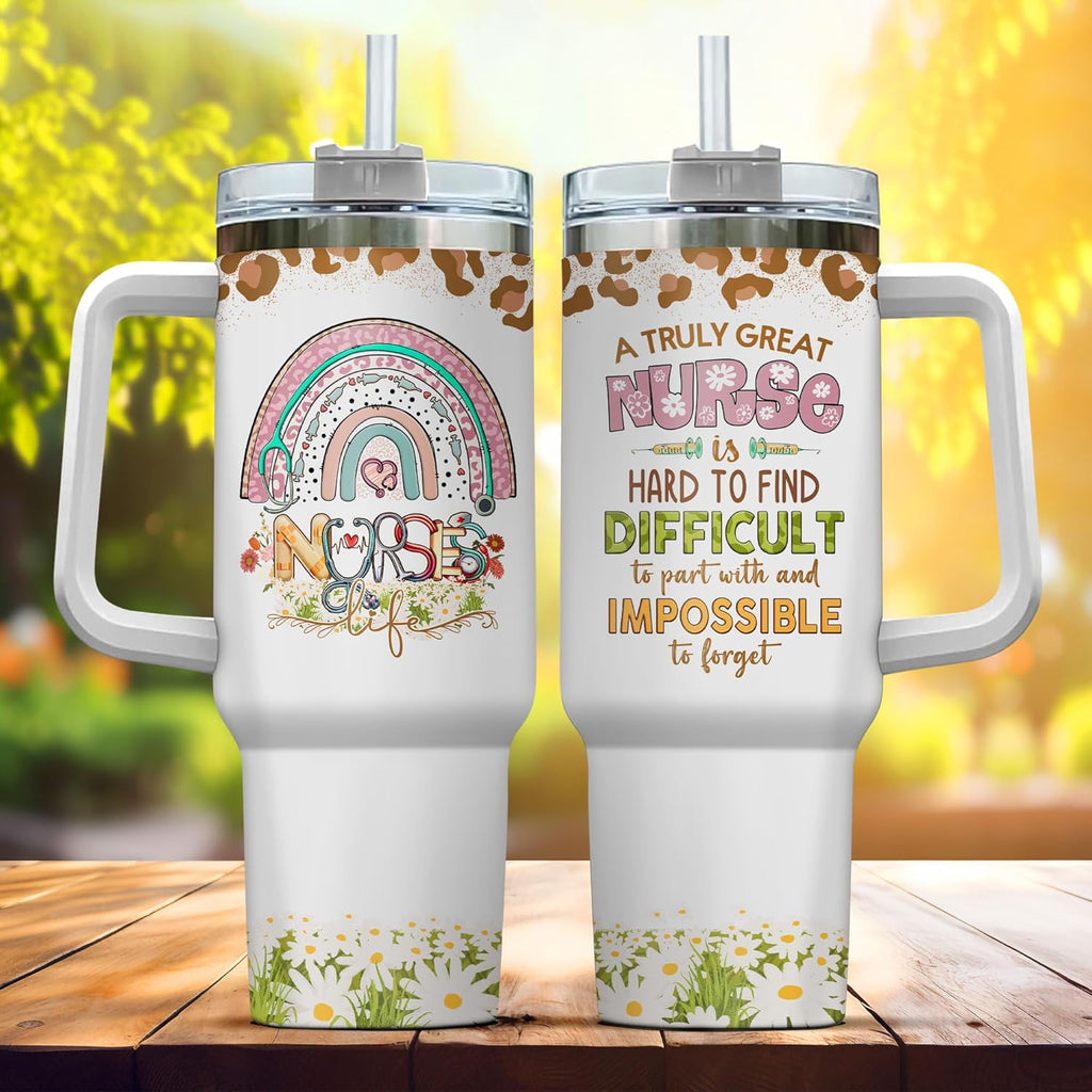 Tumbler 40 Oz With Handle Lid And Straw, Nurse Gifts, Black Camo White Engraved Print Travel Nurses Tumblers Handle Funny Cups Nursing For, Great Nurse Rainbow Daisy Flower