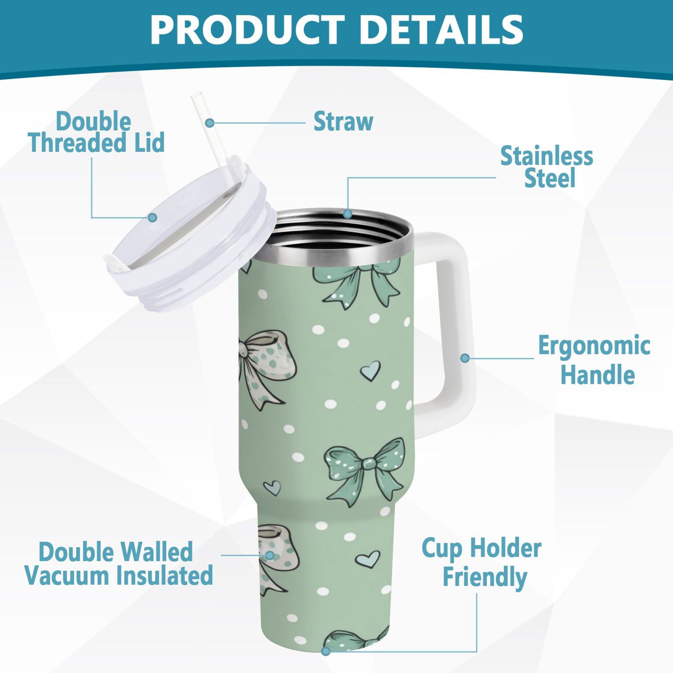 30 oz Insulated Stainless Steel Tumbler Double Wall Stainless Steel Tumbler with 2-Way Drinking Green and Mint Bows