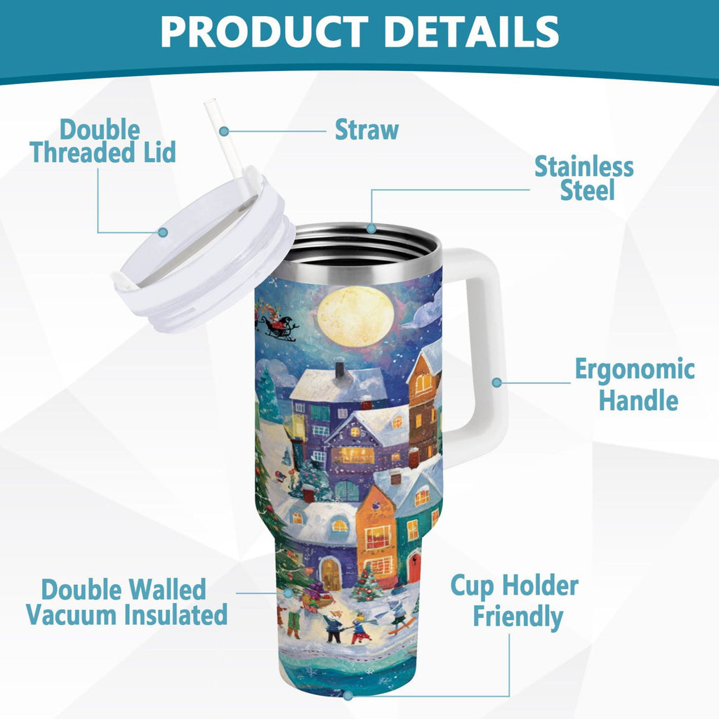 30 oz Insulated Stainless Steel Tumbler Double Wall Stainless Steel Tumbler with 2-Way Drinking Charming Christmas Scene