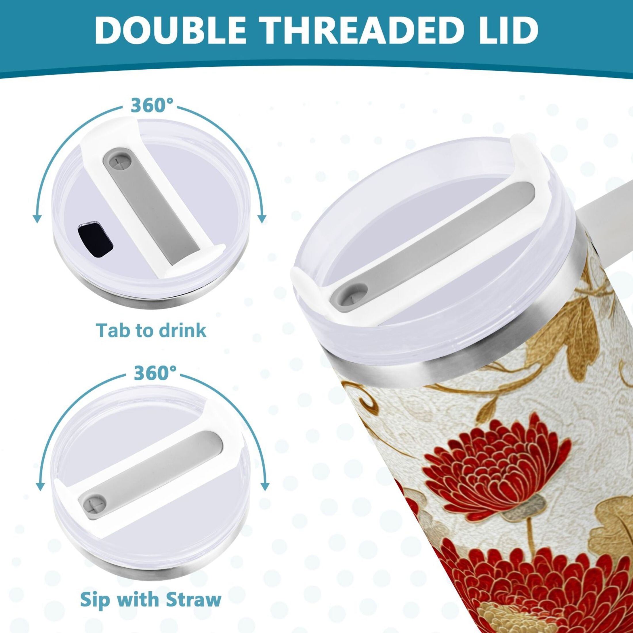 30 oz Insulated Stainless Steel Tumbler Double Wall Stainless Steel Tumbler with 2-Way Drinking Red Chrysanthemum Pattern