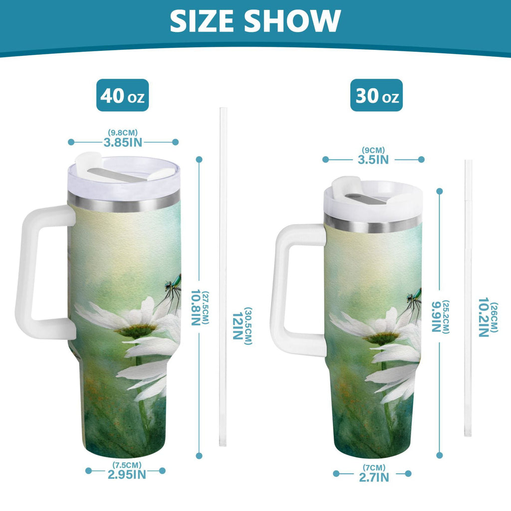 30 oz Insulated Stainless Steel Tumbler Double Wall Stainless Steel Tumbler with 2-Way Drinking Beautiful Dragonflies and Daisies