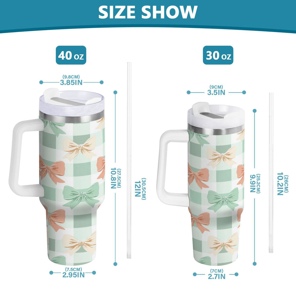 40 oz Insulated Stainless Steel Tumbler Double Wall Stainless Steel Tumbler with 2-Way Drinking Green and Peach Bow Pattern