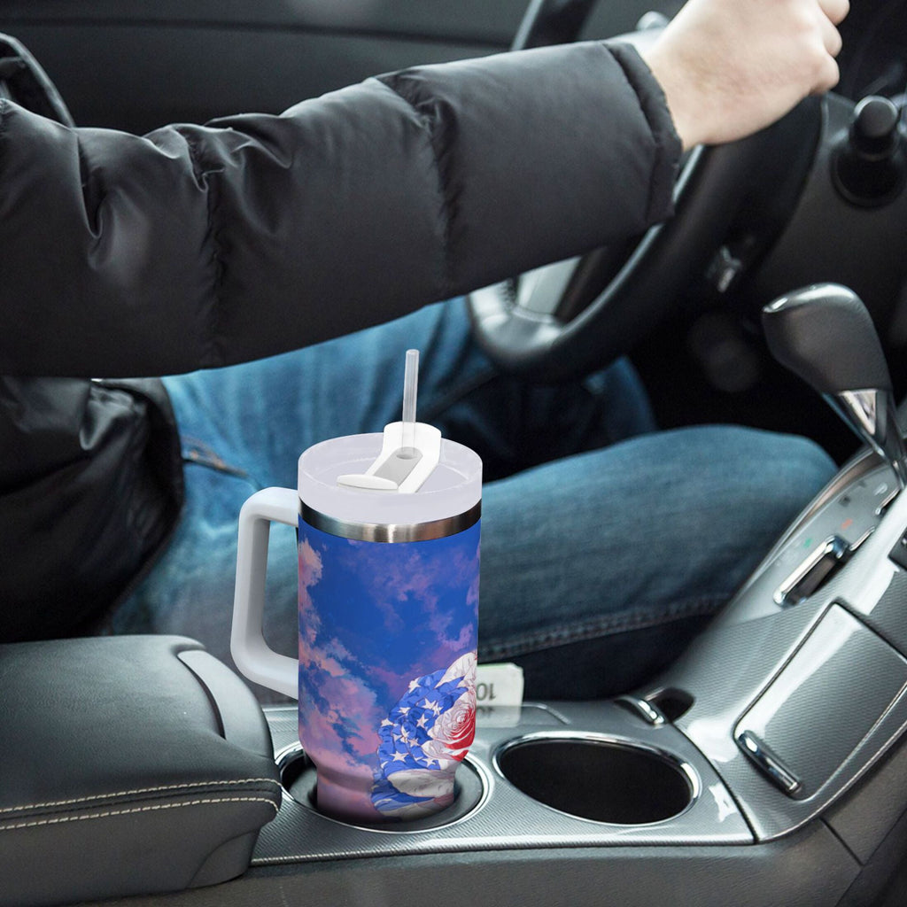 30 oz Insulated Stainless Steel Tumbler Double Wall Stainless Steel Tumbler with 2-Way Drinking Rose with Flag Pattern