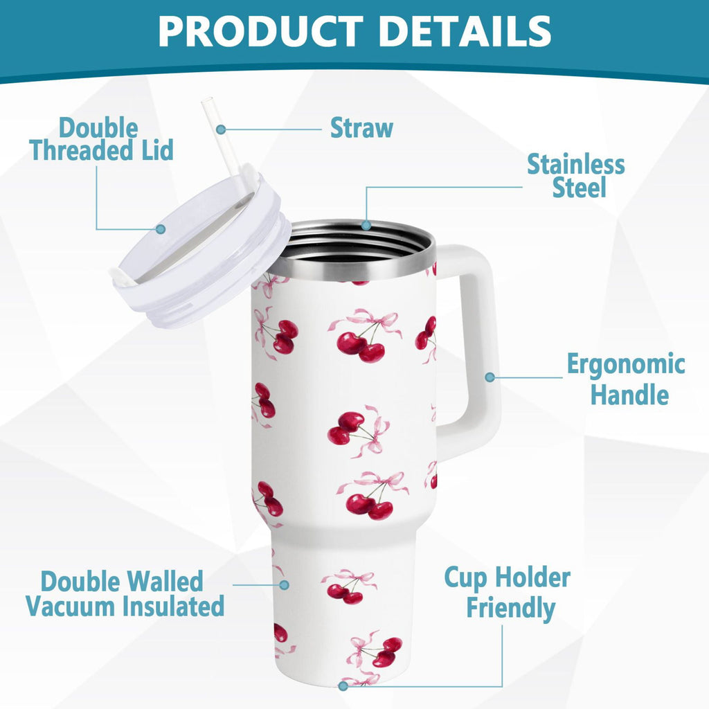30 oz Insulated Stainless Steel Tumbler Double Wall Stainless Steel Tumbler with 2-Way Drinking Watercolor Cherries Pattern