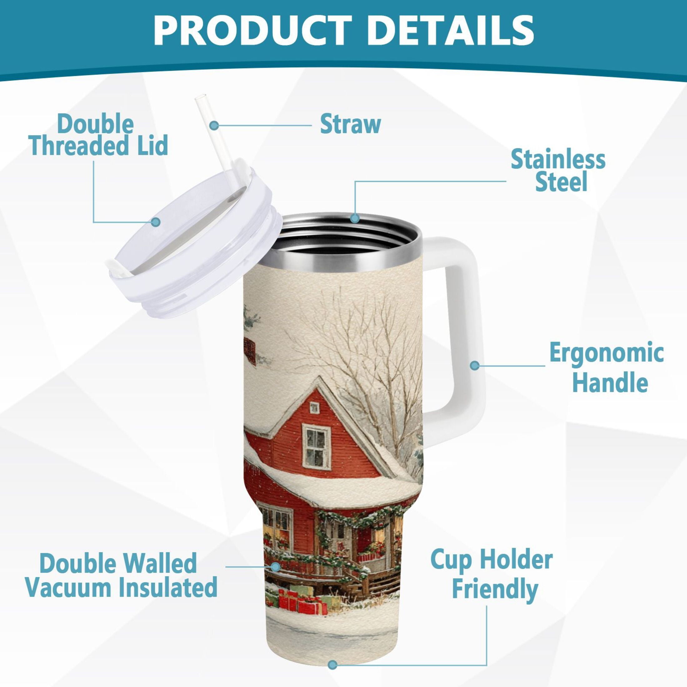 40 oz Insulated Stainless Steel Tumbler Double Wall Stainless Steel Tumbler with 2-Way Drinking House with Snow-covered Roof
