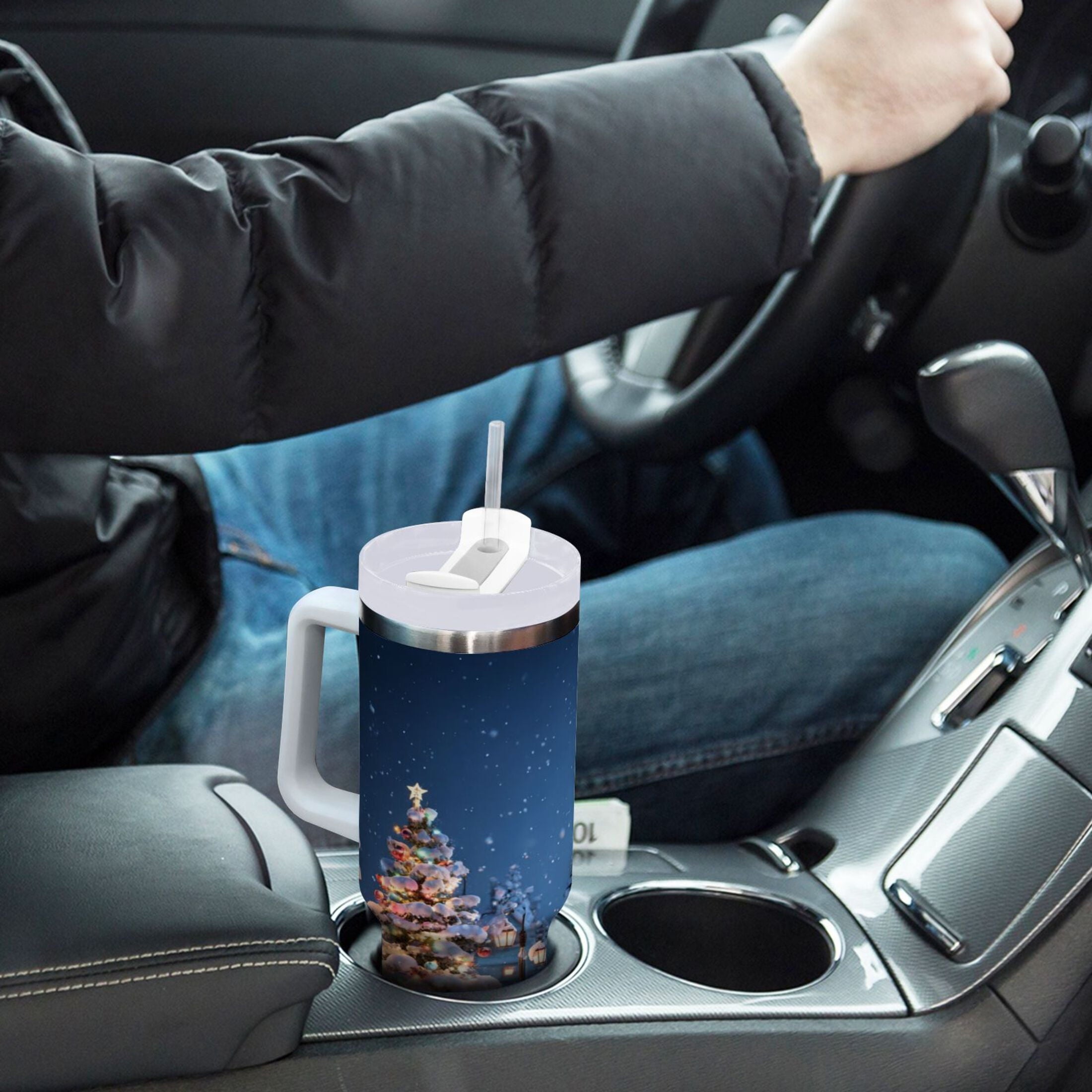30 oz Insulated Stainless Steel Tumbler Double Wall Stainless Steel Tumbler with 2-Way Drinking Christmas Night Scene