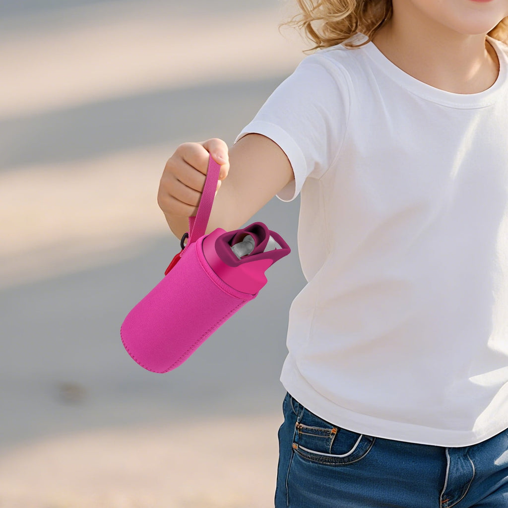 Linkidea Water Bottle Sleeve Compatible with CamelBak Eddy+ Tritan 14oz, Steel 12oz Kids Bottle, Waterbottle Holder Bag with Name Tag, Rose Red