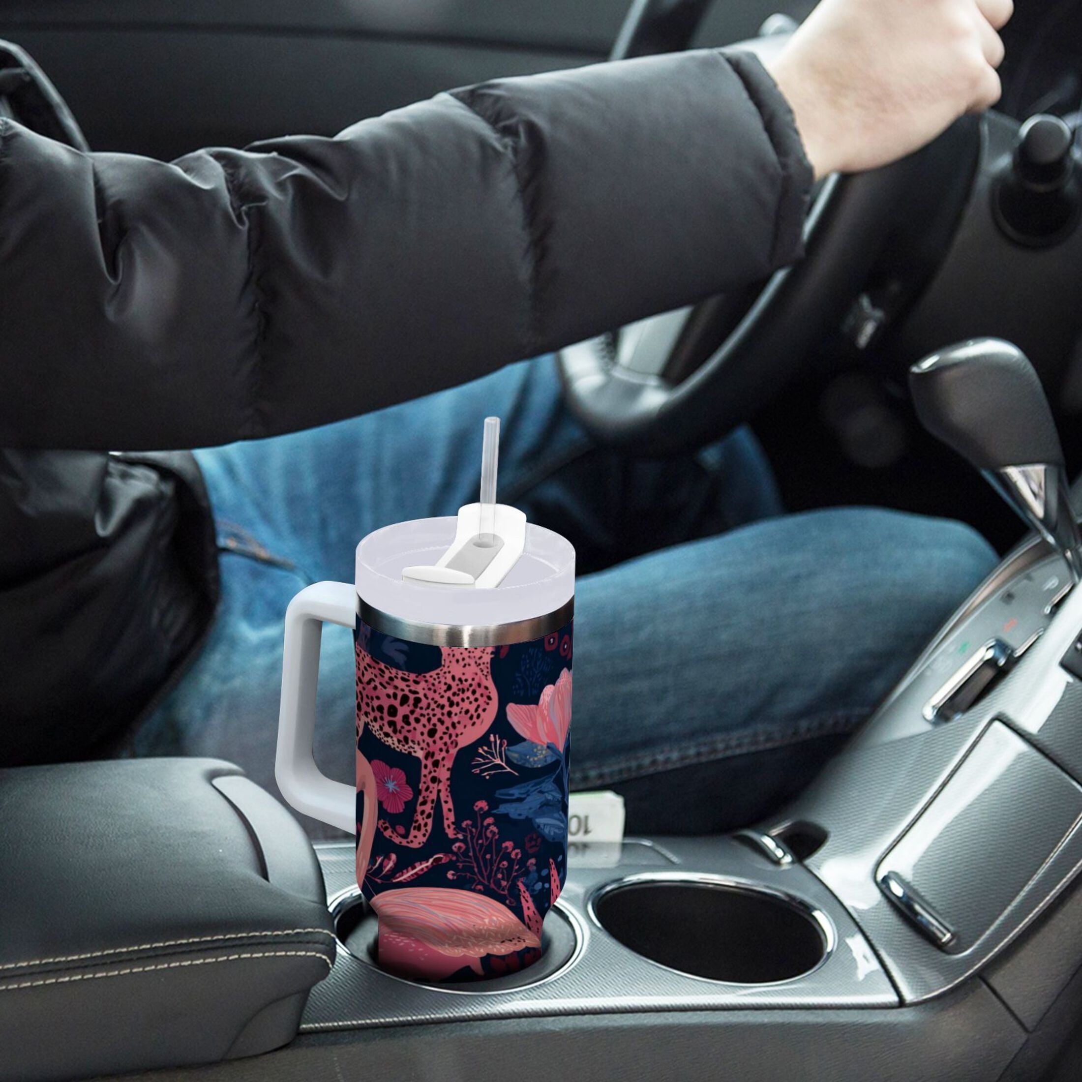 30 oz Insulated Stainless Steel Tumbler Double Wall Stainless Steel Tumbler with 2-Way Drinking Flamingos and Leopard Print