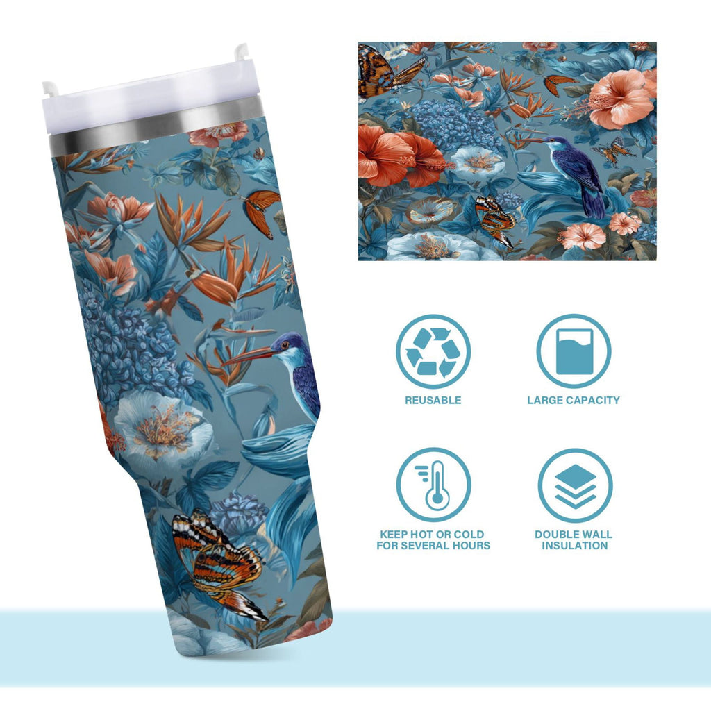 30 oz Insulated Stainless Steel Tumbler Double Wall Stainless Steel Tumbler with 2-Way Drinking Birds and Flowers