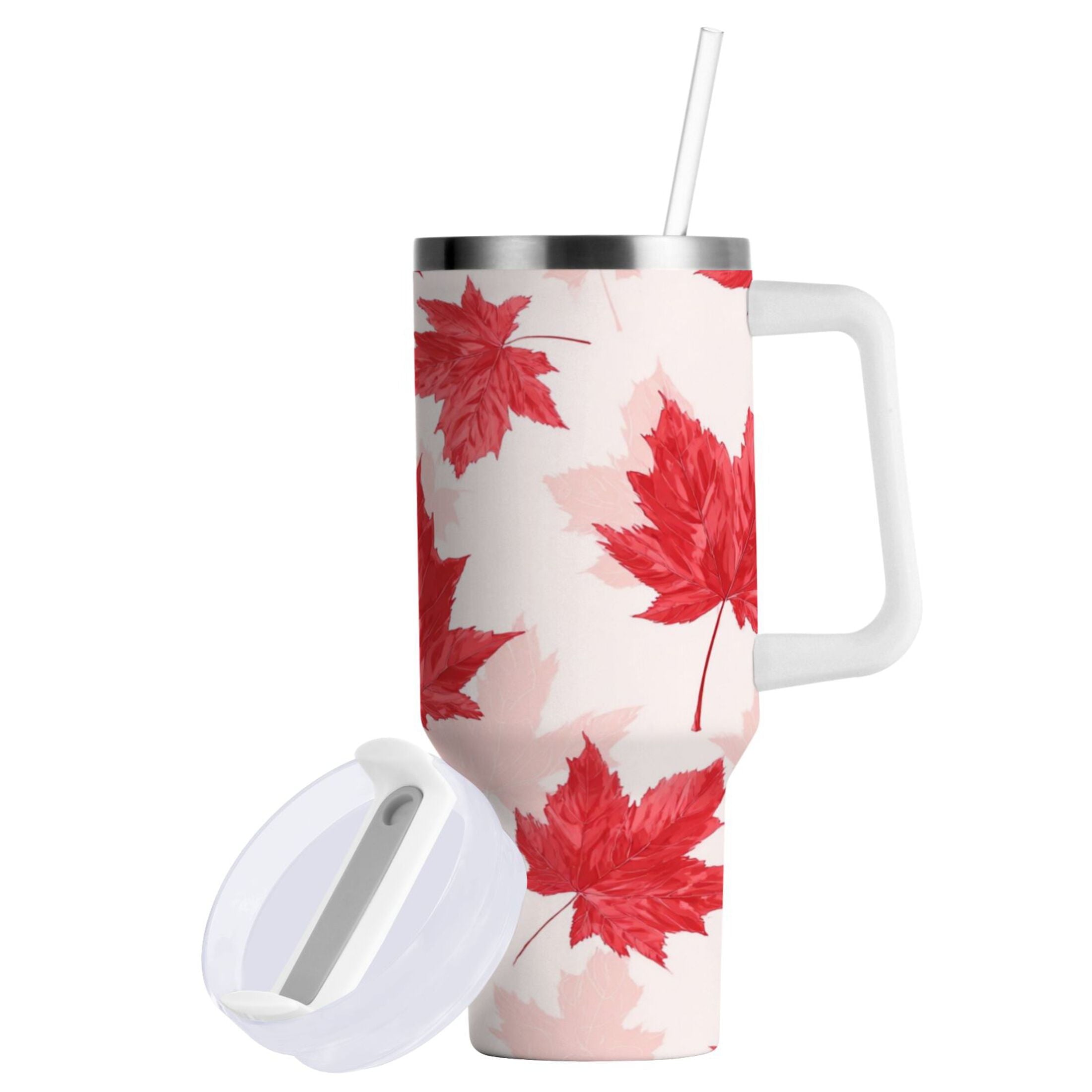 40 oz Insulated Stainless Steel Tumbler Double Wall Stainless Steel Tumbler with 2-Way Drinking Red Maple Leaves Pattern