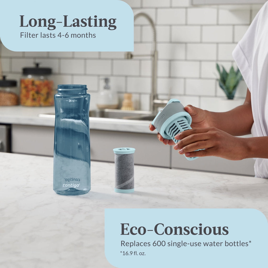(2 pack) Contigo Clybourn Plastic FreeFlow Filter Water Bottle with AUTOSEAL Lid 24 oz., Dark Ice, with Replacable Filter