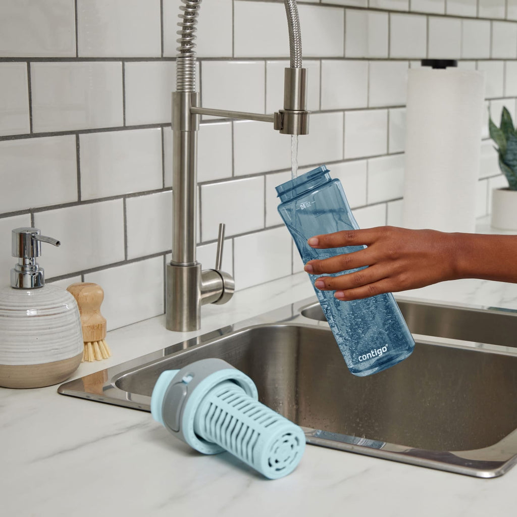 (2 pack) Contigo Clybourn Plastic FreeFlow Filter Water Bottle with AUTOSEAL Lid 24 oz., Dark Ice, with Replacable Filter
