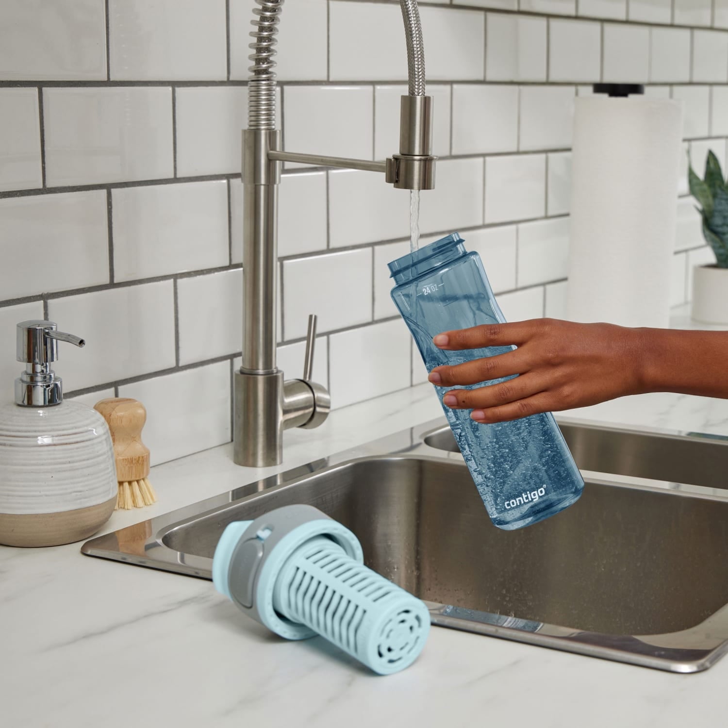 (2 pack) Contigo Clybourn Plastic FreeFlow Filter Water Bottle with AUTOSEAL Lid 24 oz., Dark Ice, with Replacable Filter