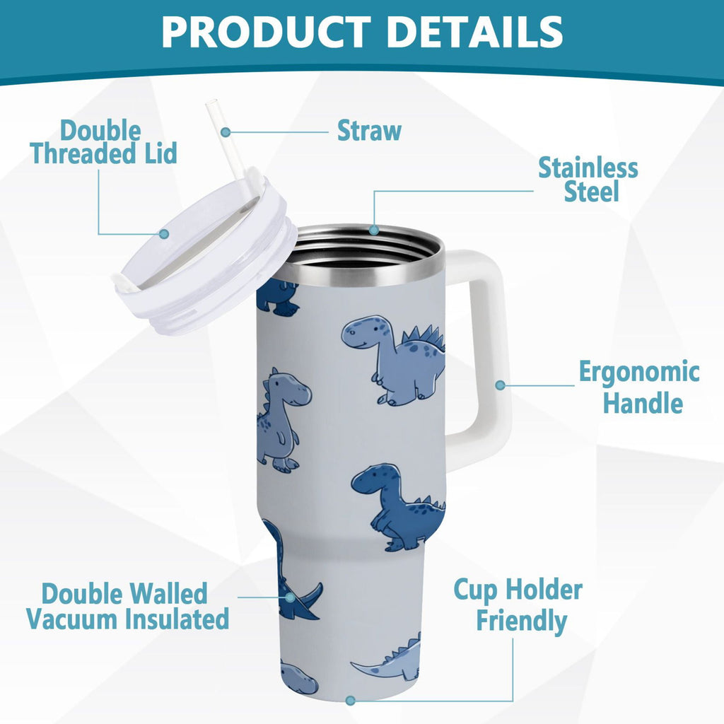 30 oz Insulated Stainless Steel Tumbler Double Wall Stainless Steel Tumbler with 2-Way Drinking Cute Blue Dinosaurs