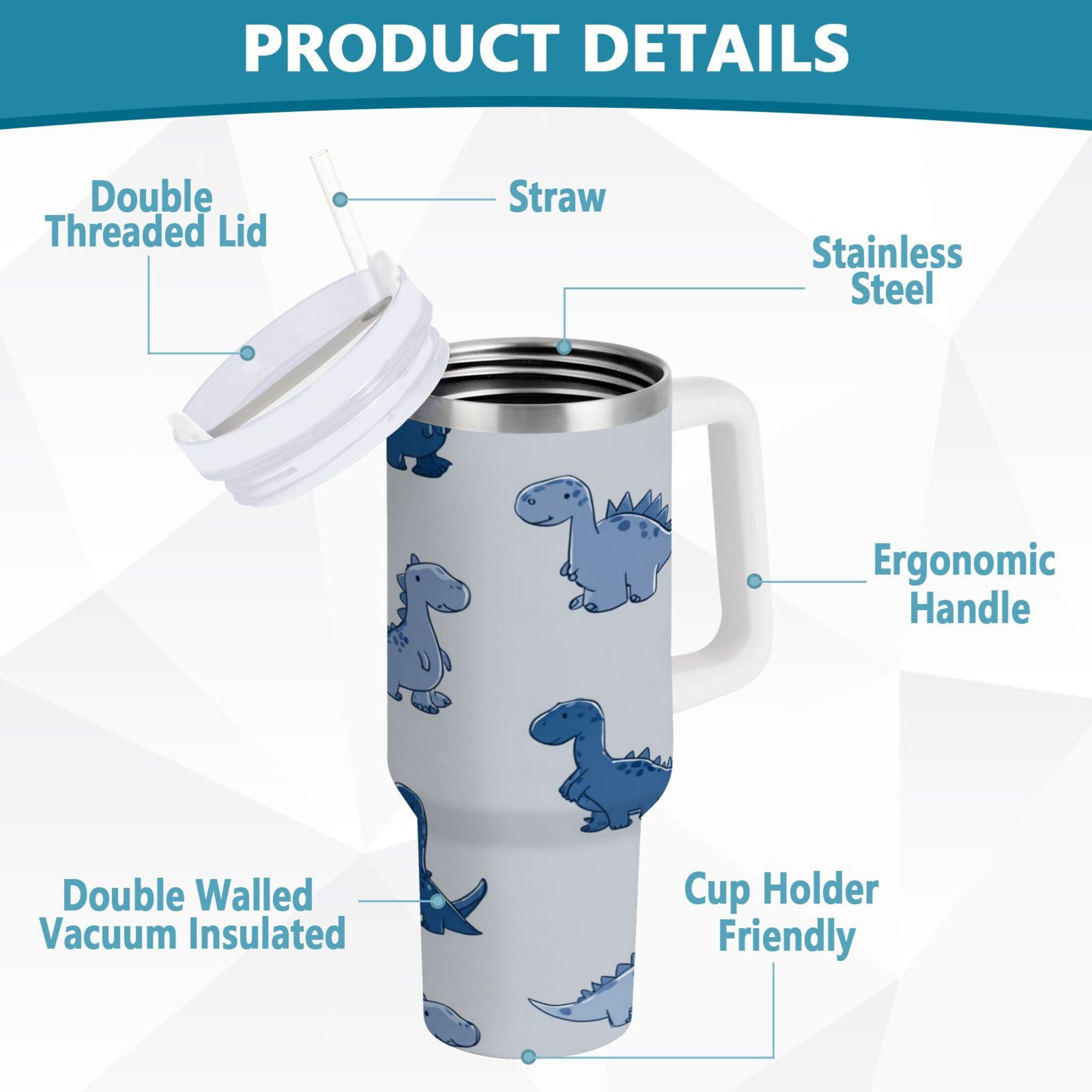 30 oz Insulated Stainless Steel Tumbler Double Wall Stainless Steel Tumbler with 2-Way Drinking Cute Blue Dinosaurs