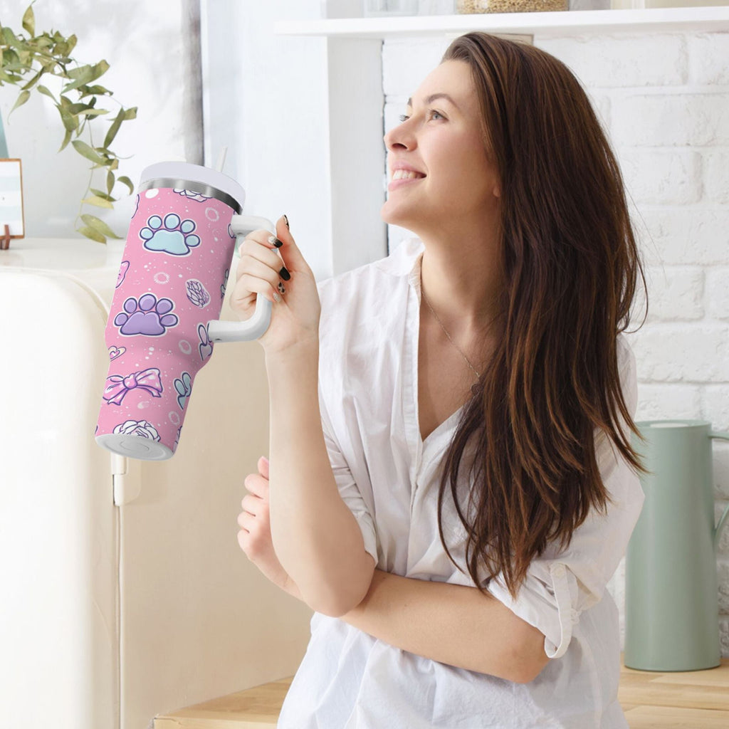 30 oz Insulated Stainless Steel Tumbler Double Wall Stainless Steel Tumbler with 2-Way Drinking Dog Paw Prints and Bows