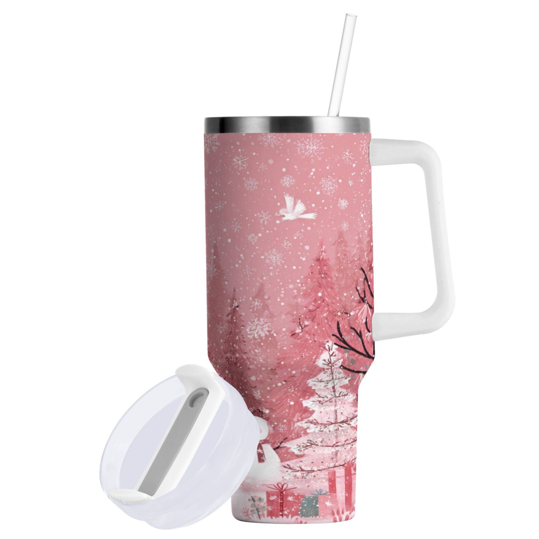 40 oz Insulated Stainless Steel Tumbler Double Wall Stainless Steel Tumbler with 2-Way Drinking Christmas Forest with Snowmen