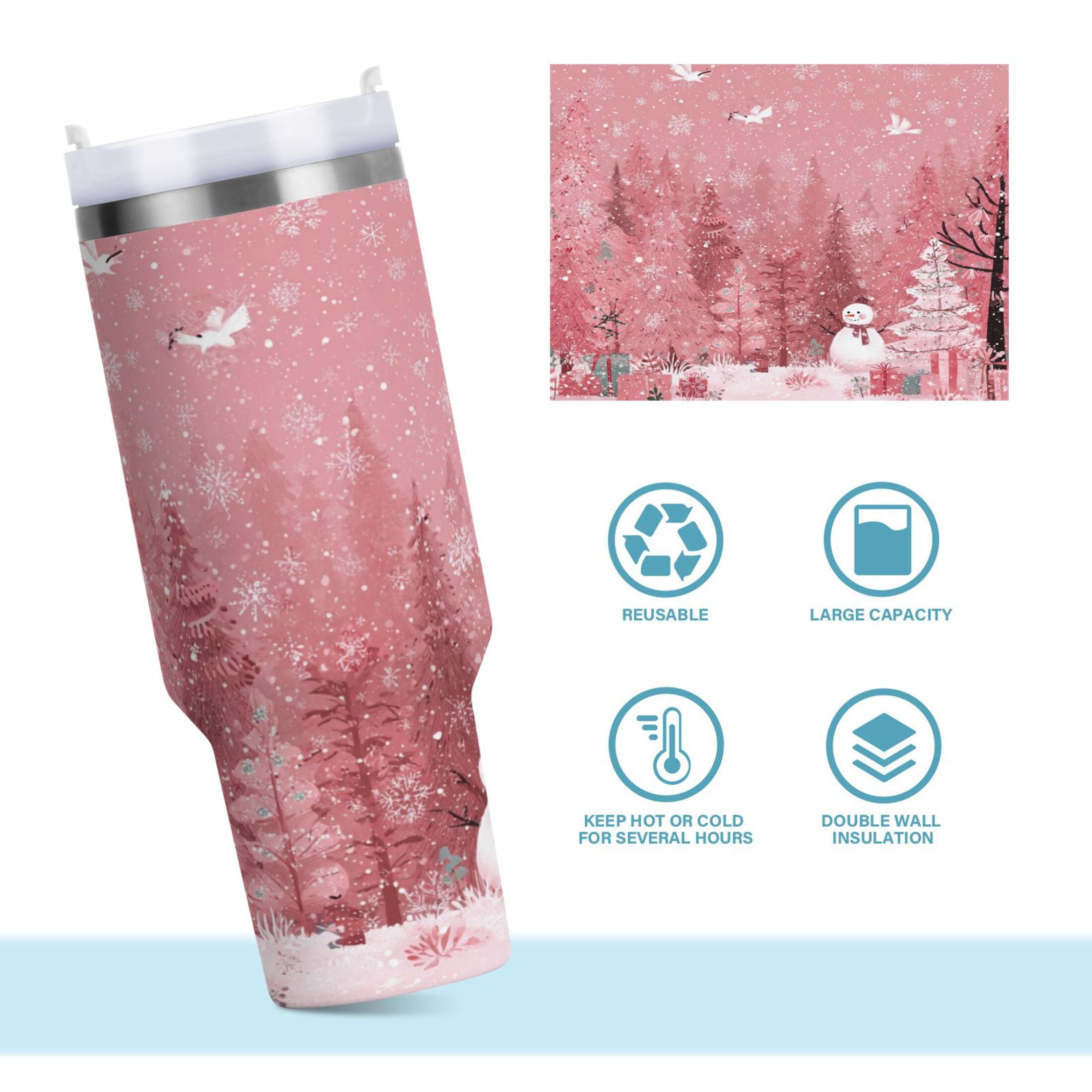 40 oz Insulated Stainless Steel Tumbler Double Wall Stainless Steel Tumbler with 2-Way Drinking Christmas Forest with Snowmen
