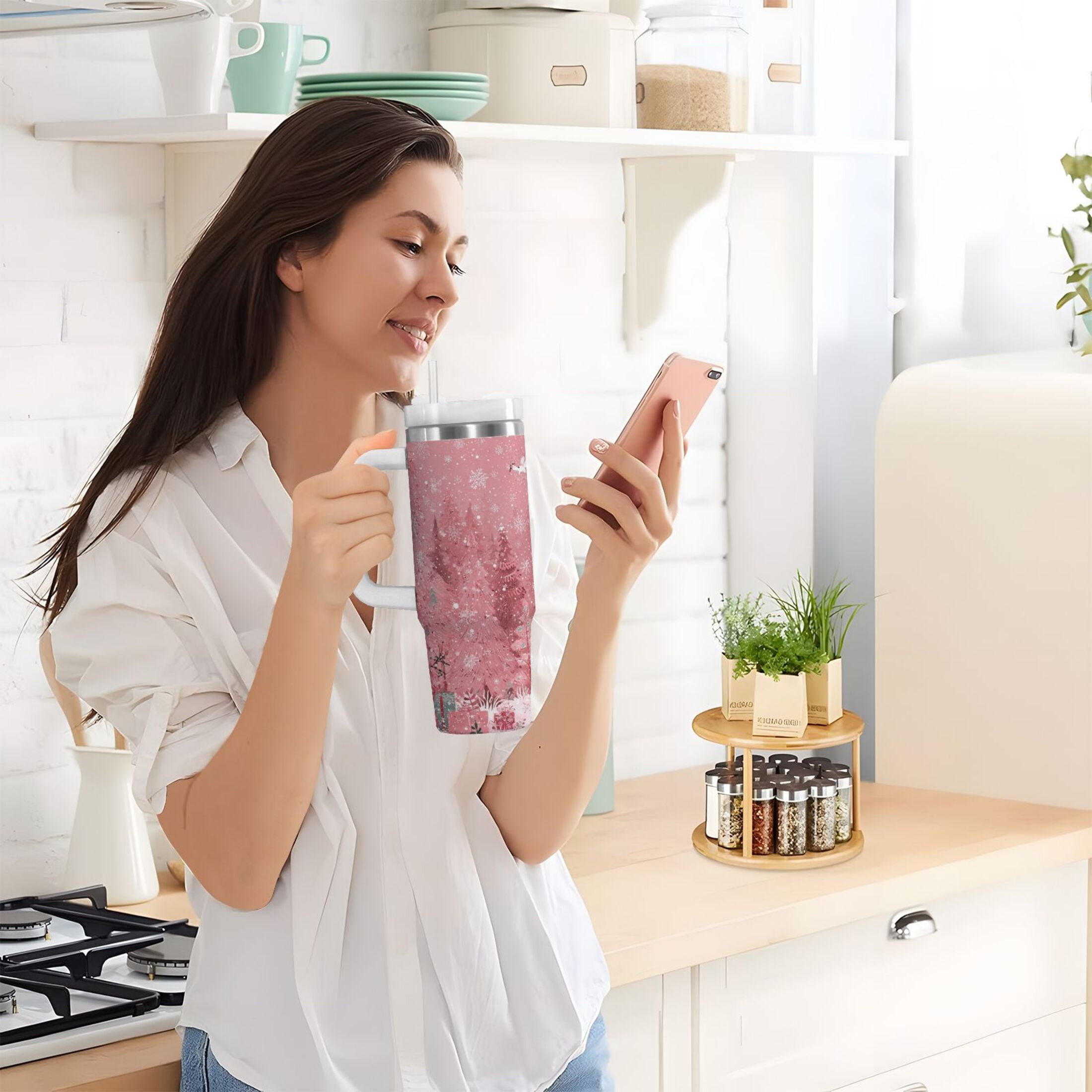 40 oz Insulated Stainless Steel Tumbler Double Wall Stainless Steel Tumbler with 2-Way Drinking Christmas Forest with Snowmen