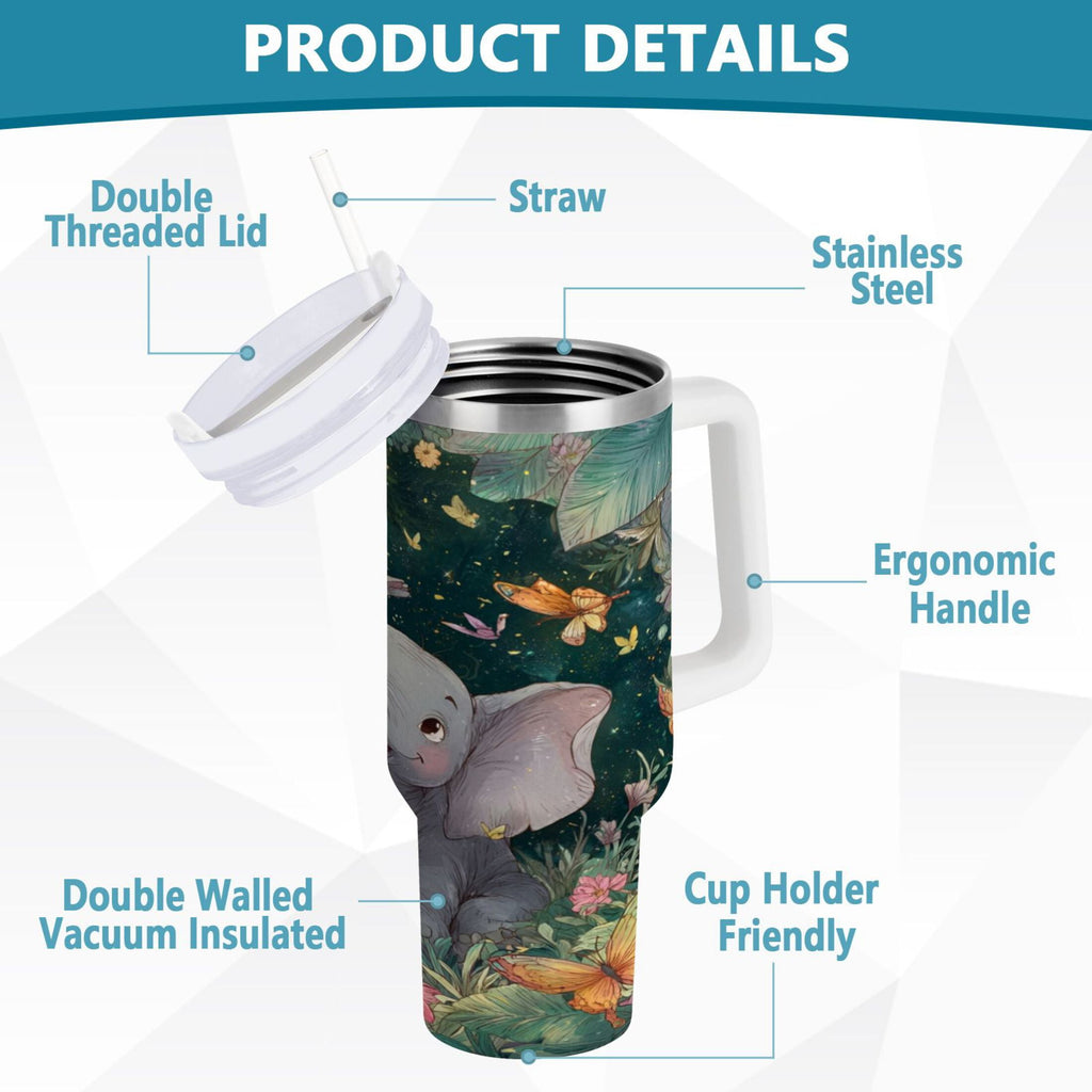 40 oz Insulated Stainless Steel Tumbler Double Wall Stainless Steel Tumbler with 2-Way Drinking Cute Elephant