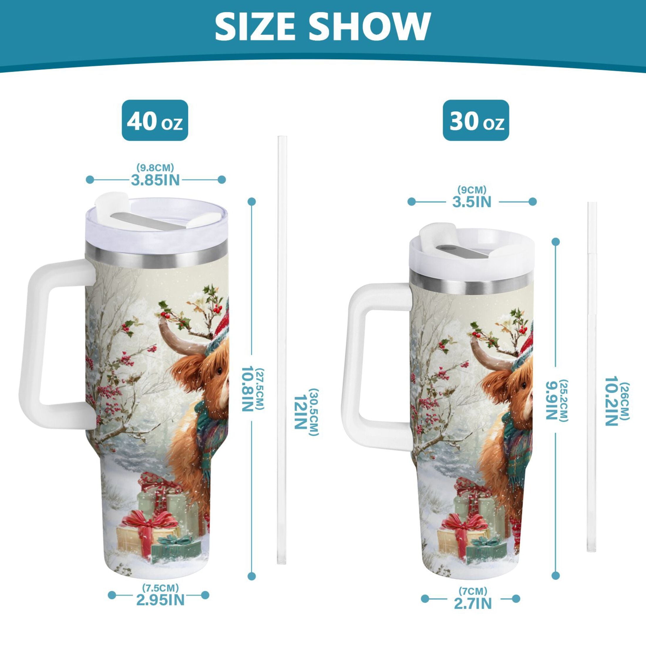 30 oz Insulated Stainless Steel Tumbler Double Wall Stainless Steel Tumbler with 2-Way Drinking Cow Wearing Christmas Hat