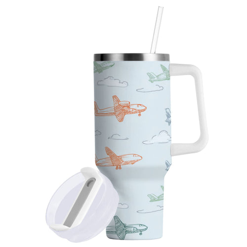 30 oz Insulated Stainless Steel Tumbler Double Wall Stainless Steel Tumbler with 2-Way Drinking Pastel Doodle Airplanes