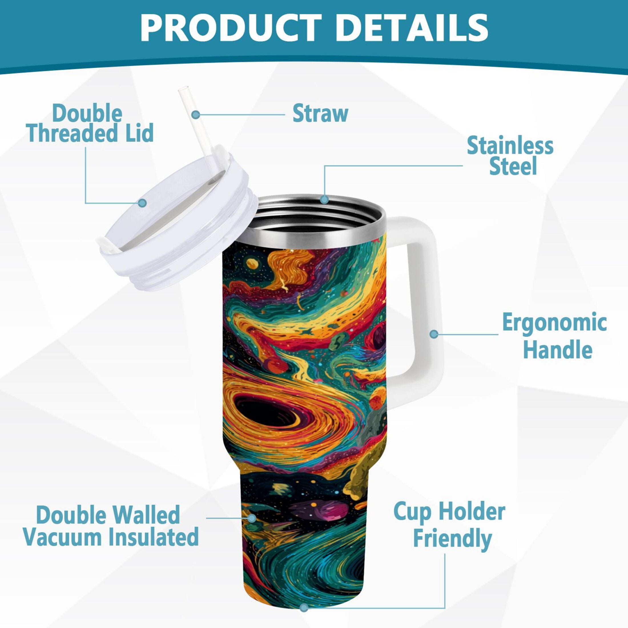 40 oz Insulated Stainless Steel Tumbler Double Wall Stainless Steel Tumbler with 2-Way Drinking Swirling Galaxy