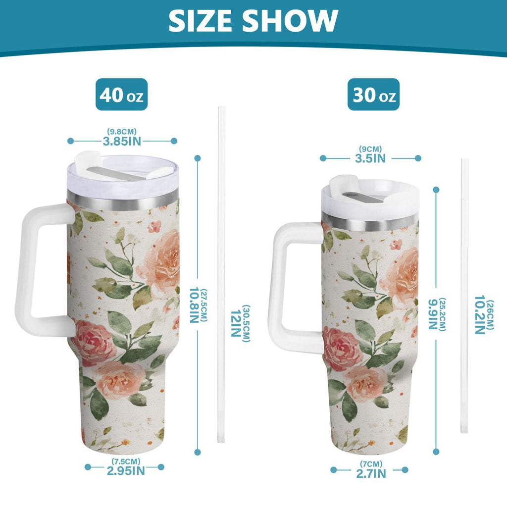 40 oz Insulated Stainless Steel Tumbler Double Wall Stainless Steel Tumbler with 2-Way Drinking Watercolor Rose Floral Pattern