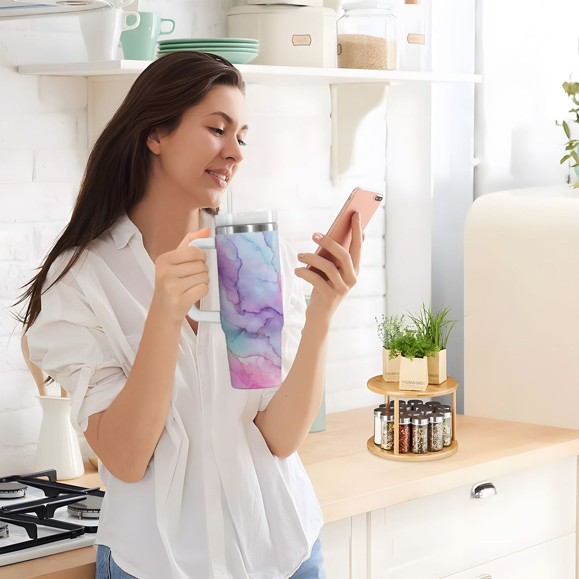 30 oz Insulated Stainless Steel Tumbler Double Wall Stainless Steel Tumbler with 2-Way Drinking Pastel Pink Marble Texture