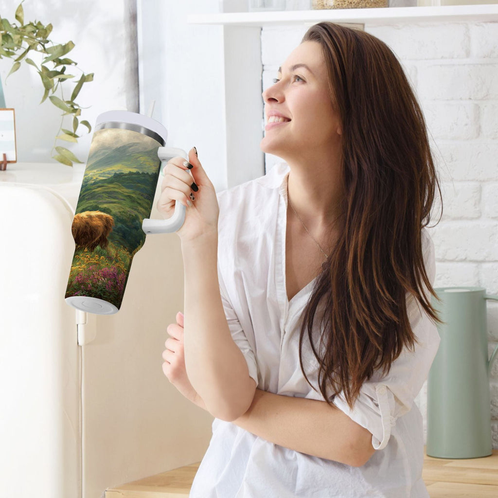 30 oz Insulated Stainless Steel Tumbler Double Wall Stainless Steel Tumbler with 2-Way Drinking Cow in Green Rolling Hills
