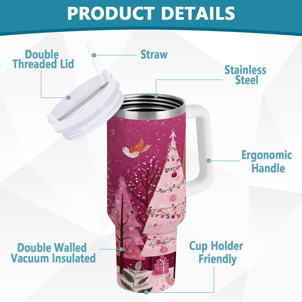 40 oz Insulated Stainless Steel Tumbler Double Wall Stainless Steel Tumbler with 2-Way Drinking Pink Christmas Forest