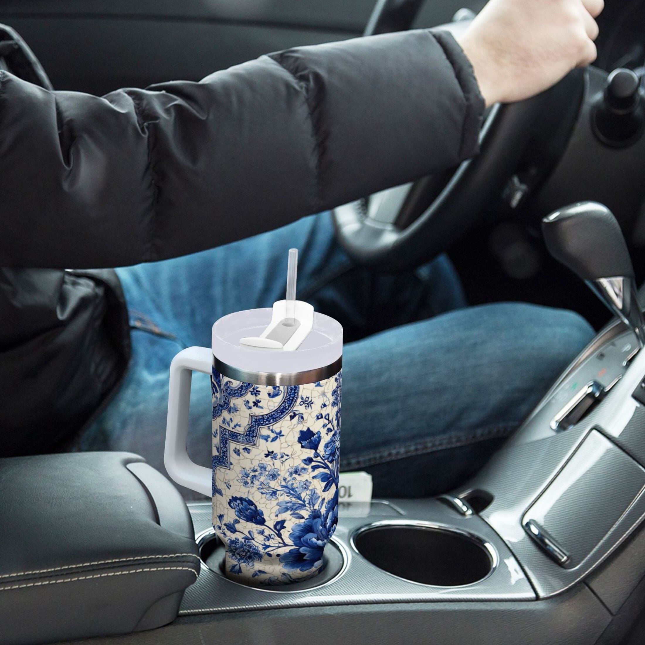 30 oz Insulated Stainless Steel Tumbler Double Wall Stainless Steel Tumbler with 2-Way Drinking Blue and White Porcelain-style