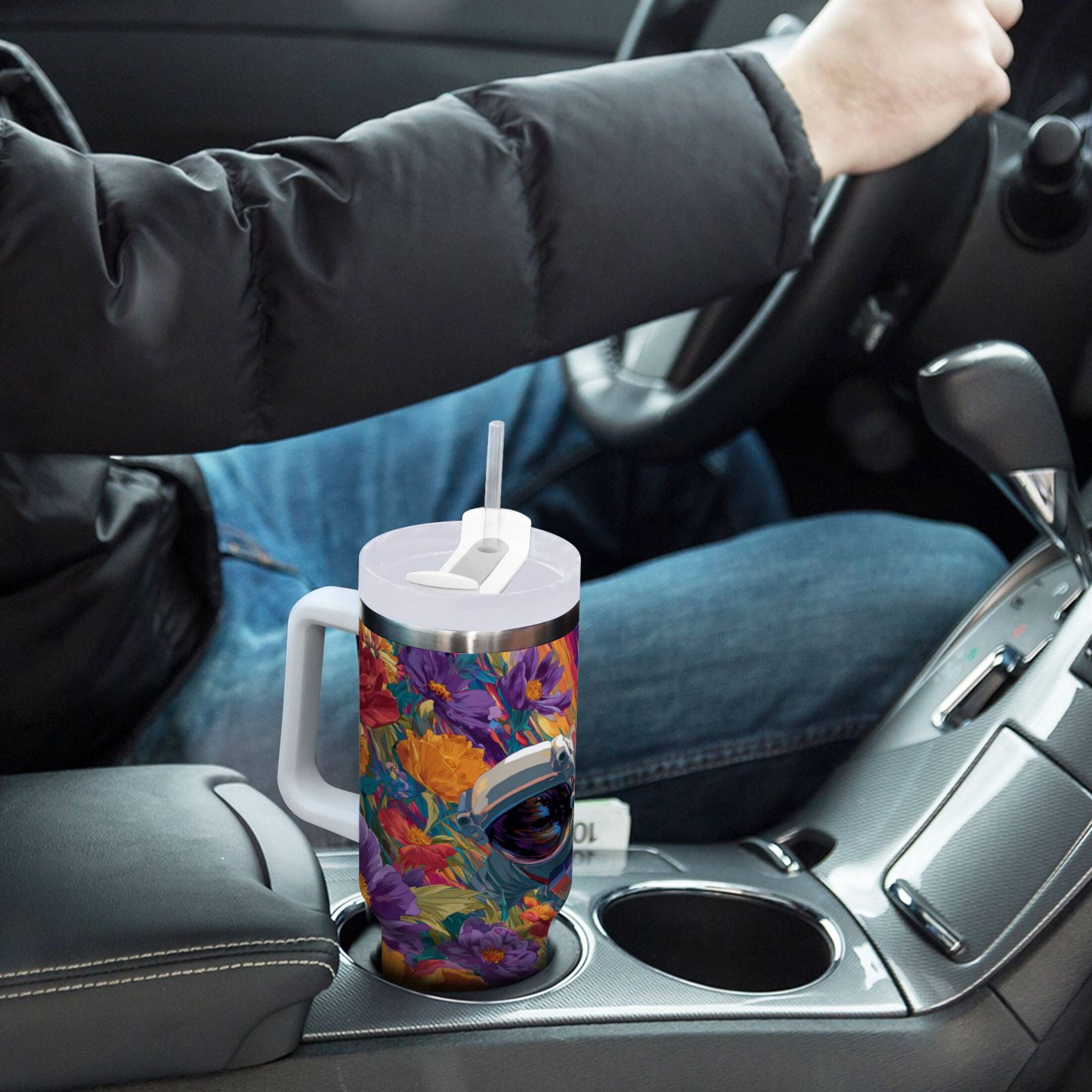 40 oz Insulated Stainless Steel Tumbler Double Wall Stainless Steel Tumbler with 2-Way Drinking Colorful Flowers and Planets