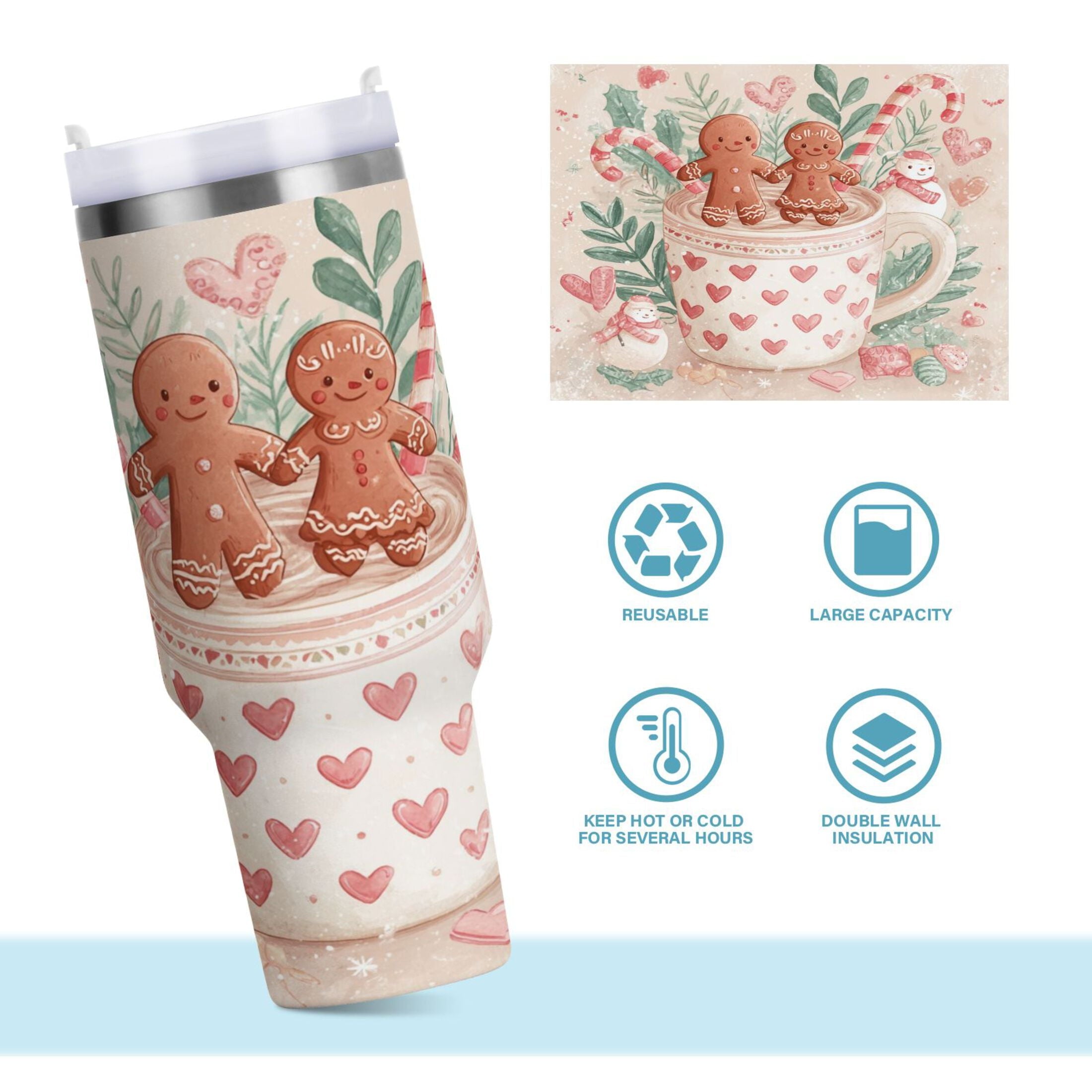 30 oz Insulated Stainless Steel Tumbler Double Wall Stainless Steel Tumbler with 2-Way Drinking Cute Christmas Design