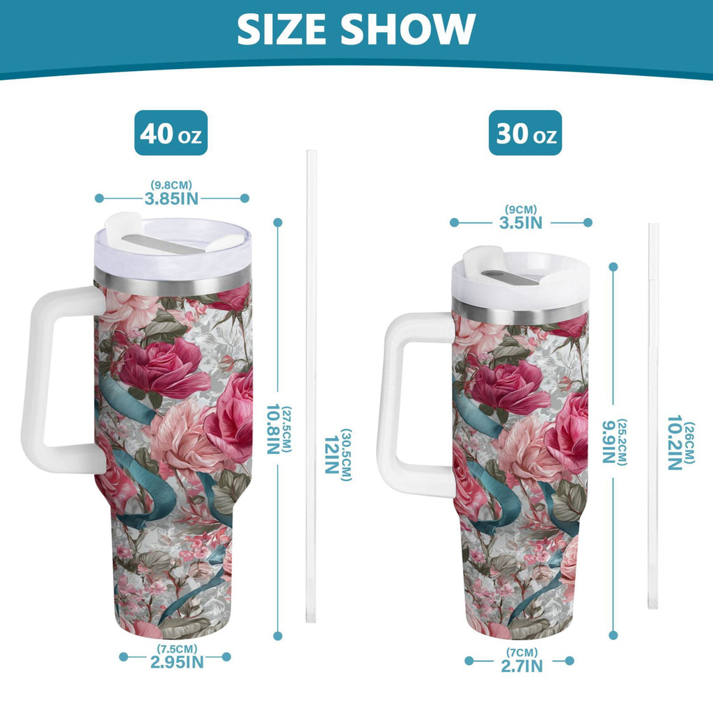 30 oz Insulated Stainless Steel Tumbler Double Wall Stainless Steel Tumbler with 2-Way Drinking Roses and Ribbons