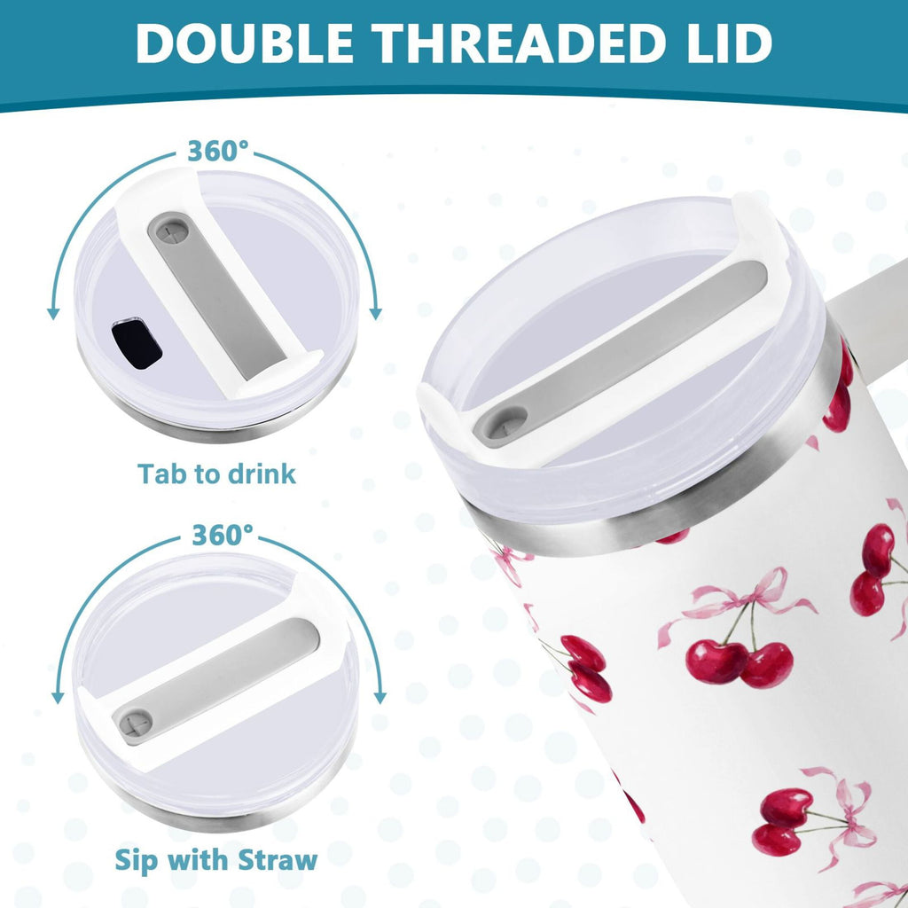 30 oz Insulated Stainless Steel Tumbler Double Wall Stainless Steel Tumbler with 2-Way Drinking Watercolor Cherries Pattern