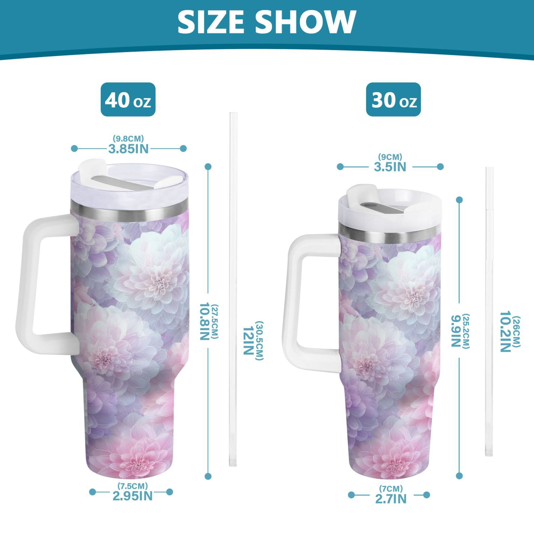 30 oz Insulated Stainless Steel Tumbler Double Wall Stainless Steel Tumbler with 2-Way Drinking Cute Pastel Watercolor Floral