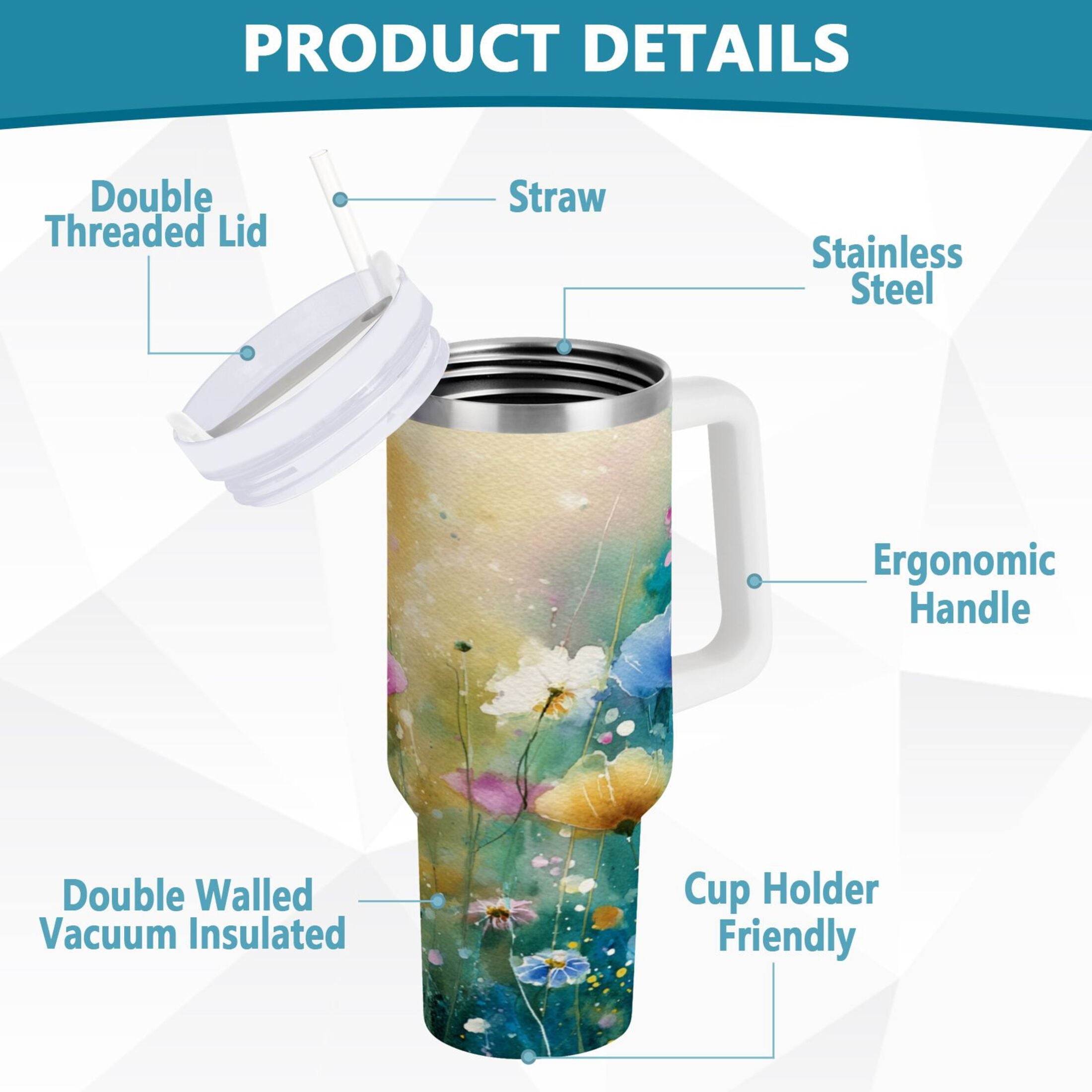 30 oz Insulated Stainless Steel Tumbler Double Wall Stainless Steel Tumbler with 2-Way Drinking Watercolor Wildflowers