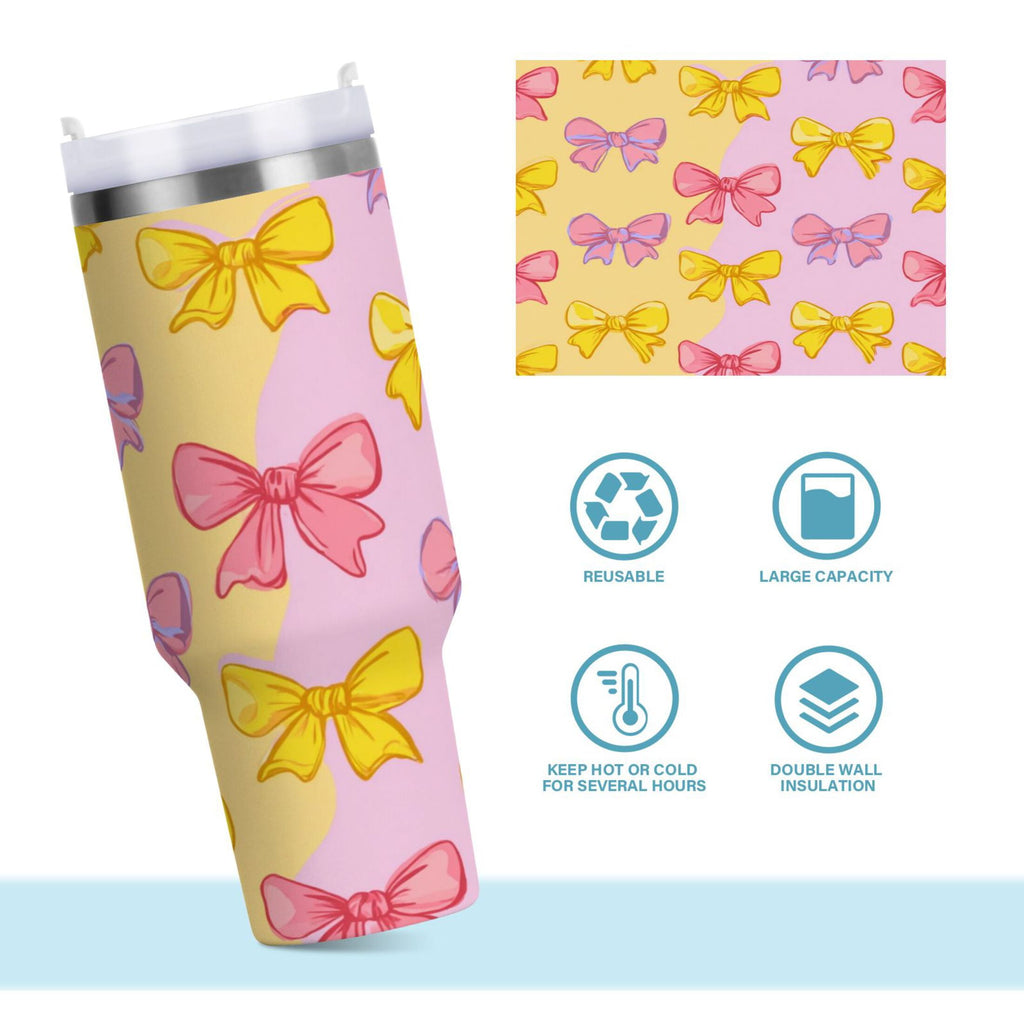 30 oz Insulated Stainless Steel Tumbler Double Wall Stainless Steel Tumbler with 2-Way Drinking Yellow and Pink Bows
