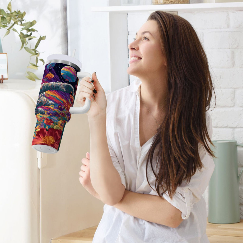 40 oz Insulated Stainless Steel Tumbler Double Wall Stainless Steel Tumbler with 2-Way Drinking Colorful Flowers and Planets
