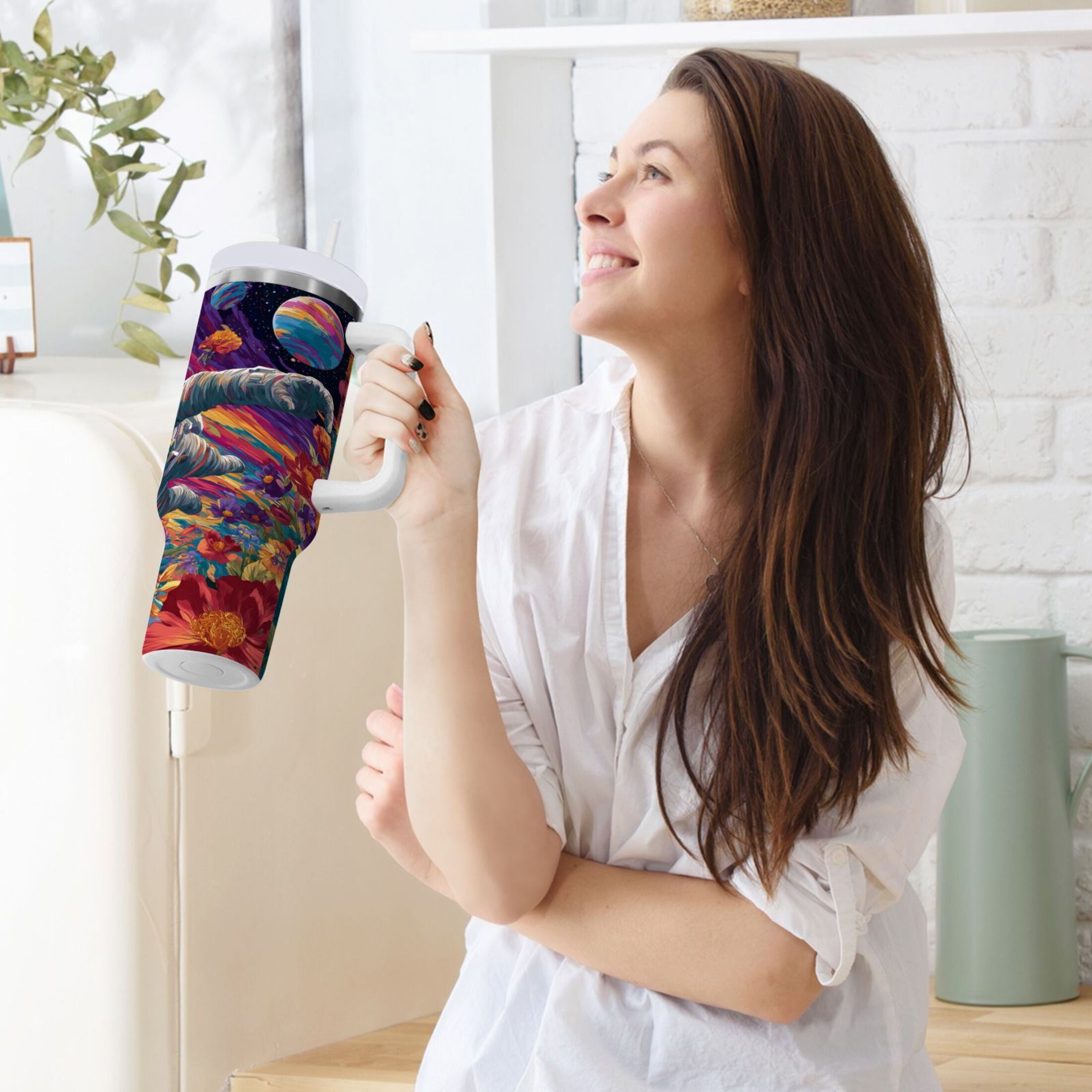 40 oz Insulated Stainless Steel Tumbler Double Wall Stainless Steel Tumbler with 2-Way Drinking Colorful Flowers and Planets