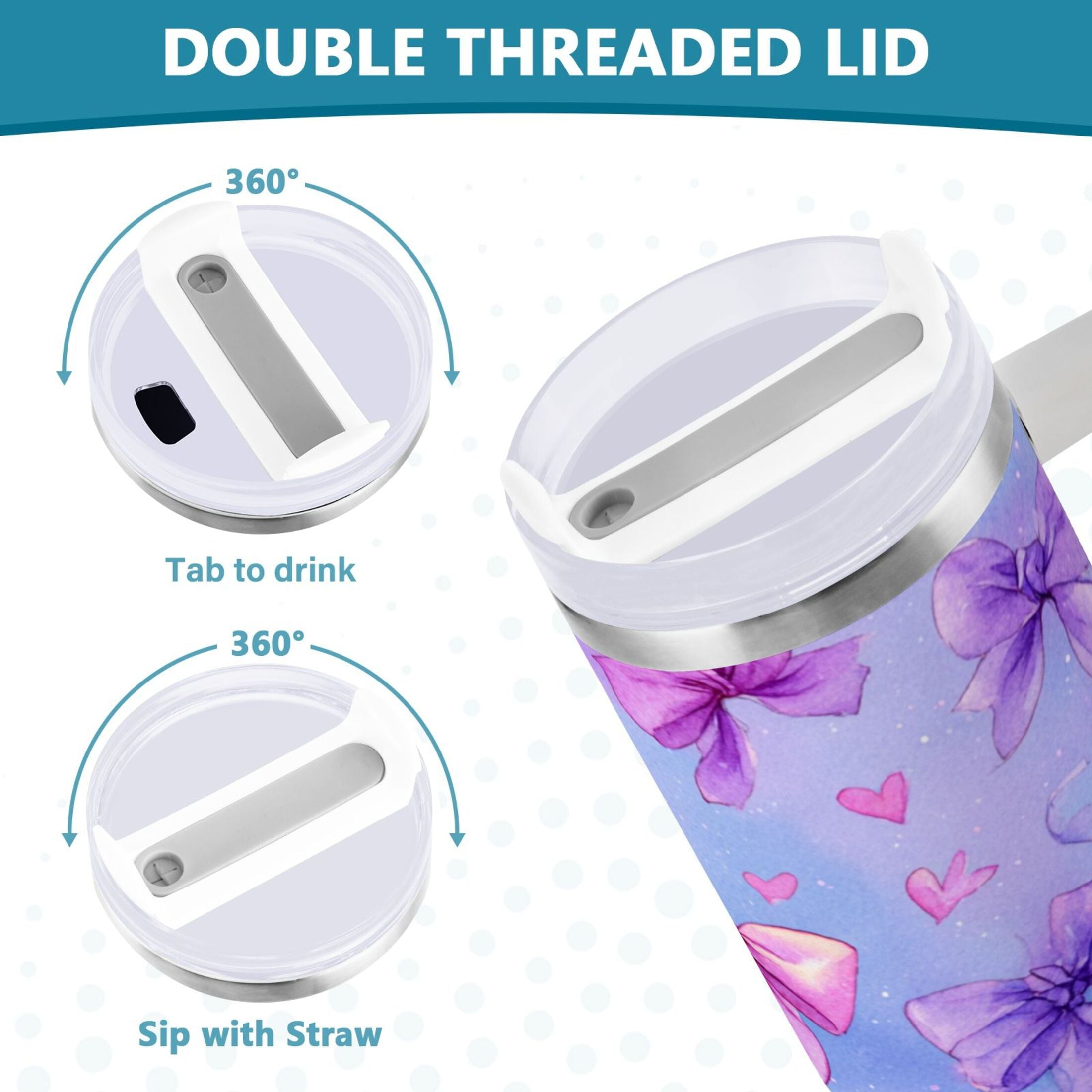 30 oz Insulated Stainless Steel Tumbler Double Wall Stainless Steel Tumbler with 2-Way Drinking Watercolor Bows Pattern