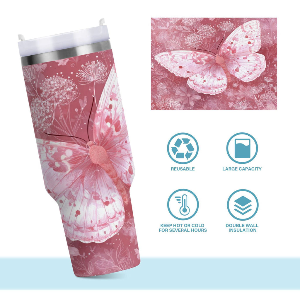 30 oz Insulated Stainless Steel Tumbler Double Wall Stainless Steel Tumbler with 2-Way Drinking Soft Pink Butterfly