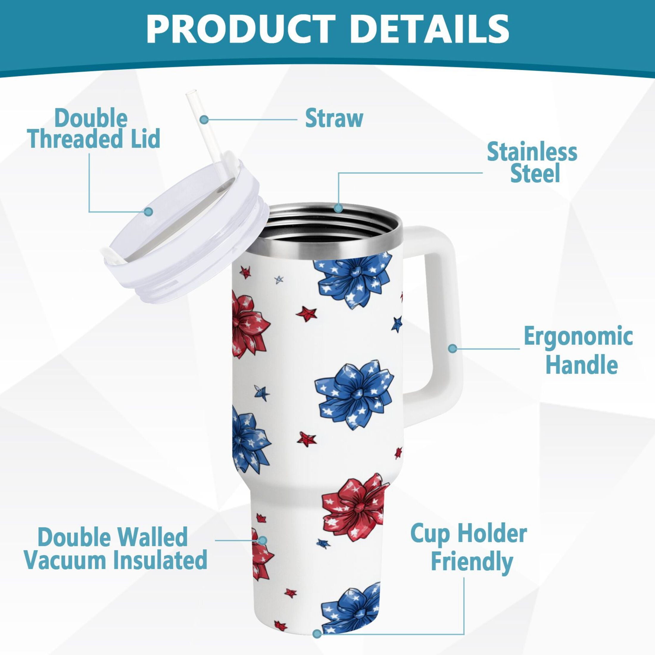 40 oz Insulated Stainless Steel Tumbler Double Wall Stainless Steel Tumbler with 2-Way Drinking Stars and Stripes Puttern Flower