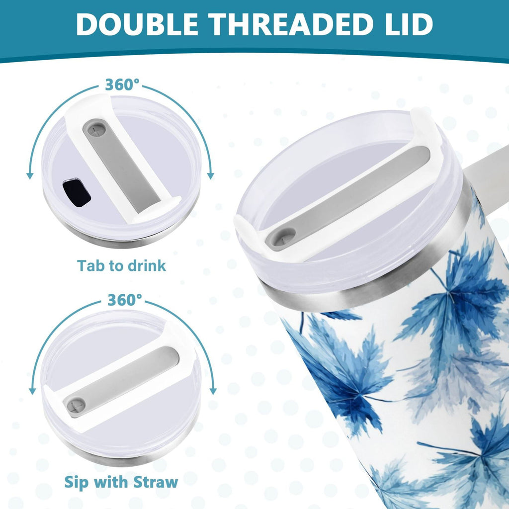 30 oz Insulated Stainless Steel Tumbler Double Wall Stainless Steel Tumbler with 2-Way Drinking Abstract Blue Maple Leaves