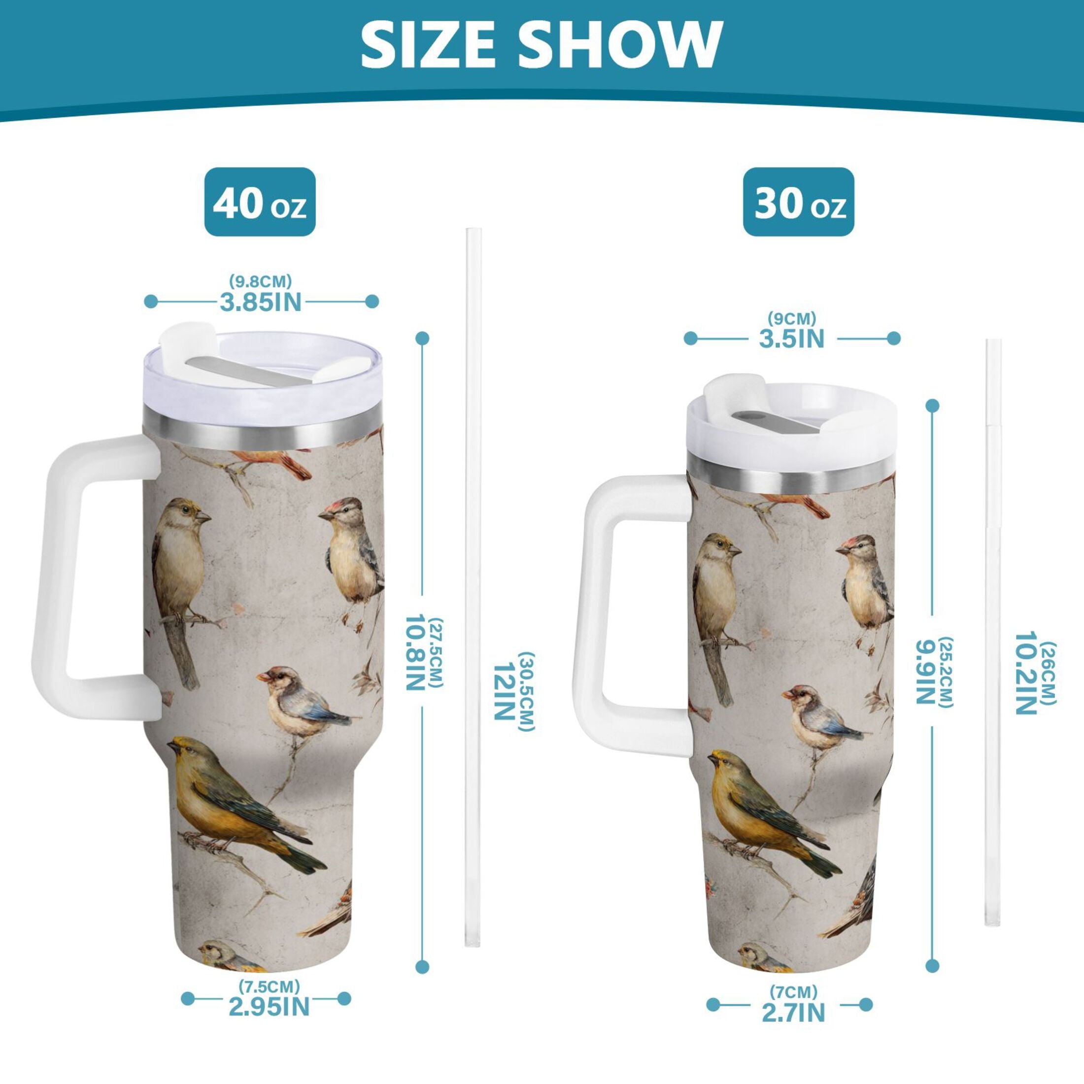 40 oz Insulated Stainless Steel Tumbler Double Wall Stainless Steel Tumbler with 2-Way Drinking Birds Pattern