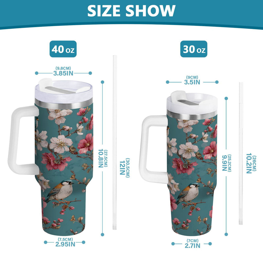 30 oz Insulated Stainless Steel Tumbler Double Wall Stainless Steel Tumbler with 2-Way Drinking Birds and Cherry Pattern
