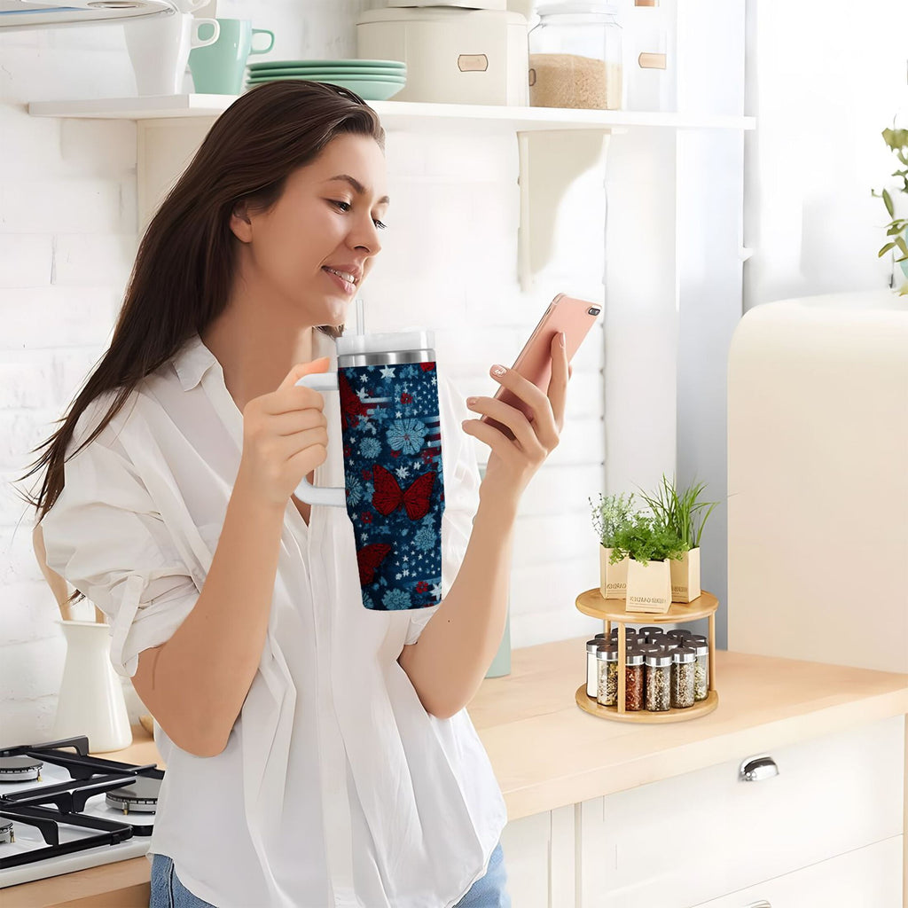 30 oz Insulated Stainless Steel Tumbler Double Wall Stainless Steel Tumbler with 2-Way Drinking Red Butterflies and Flags