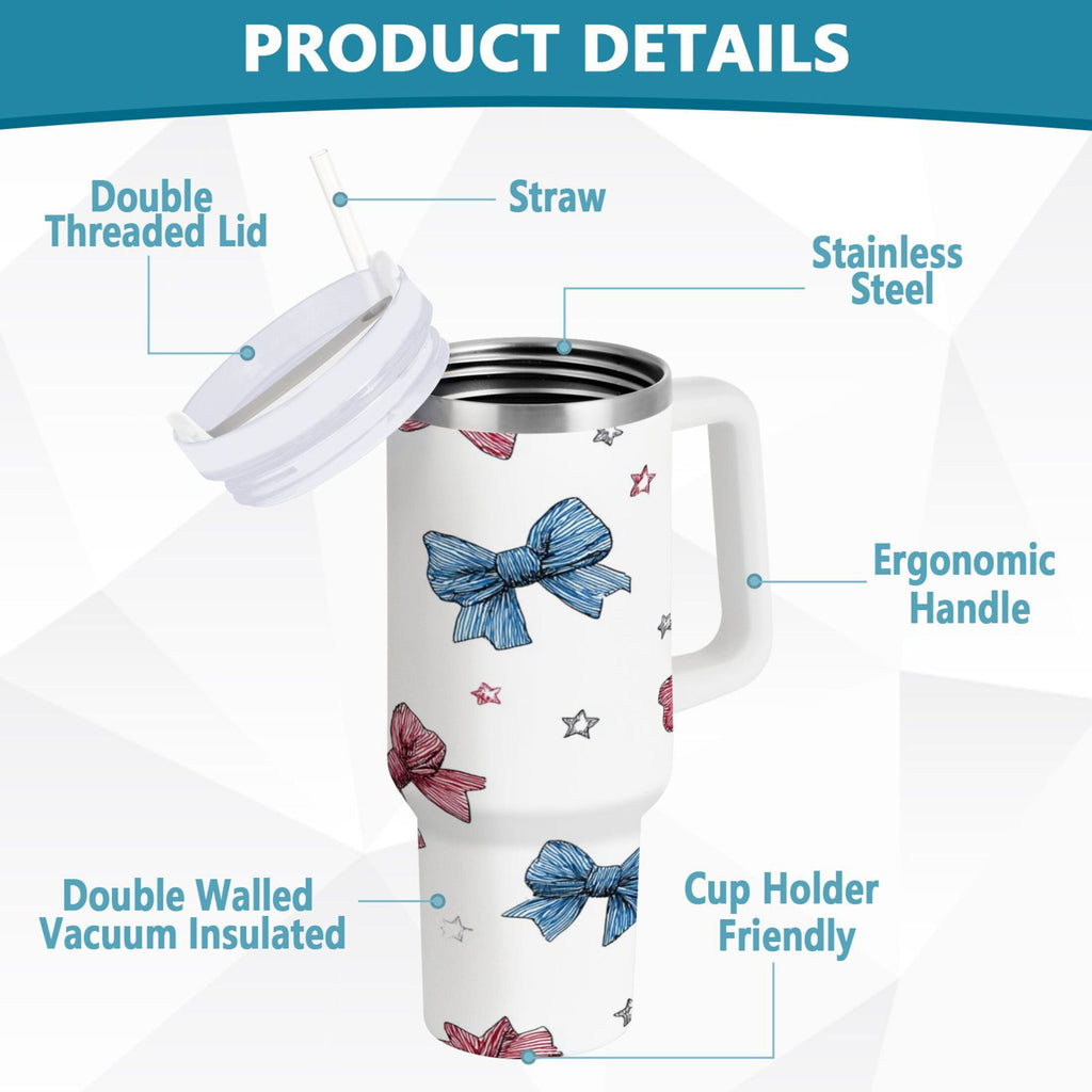 40 oz Insulated Stainless Steel Tumbler Double Wall Stainless Steel Tumbler with 2-Way Drinking Red and Blue Stripes Bows