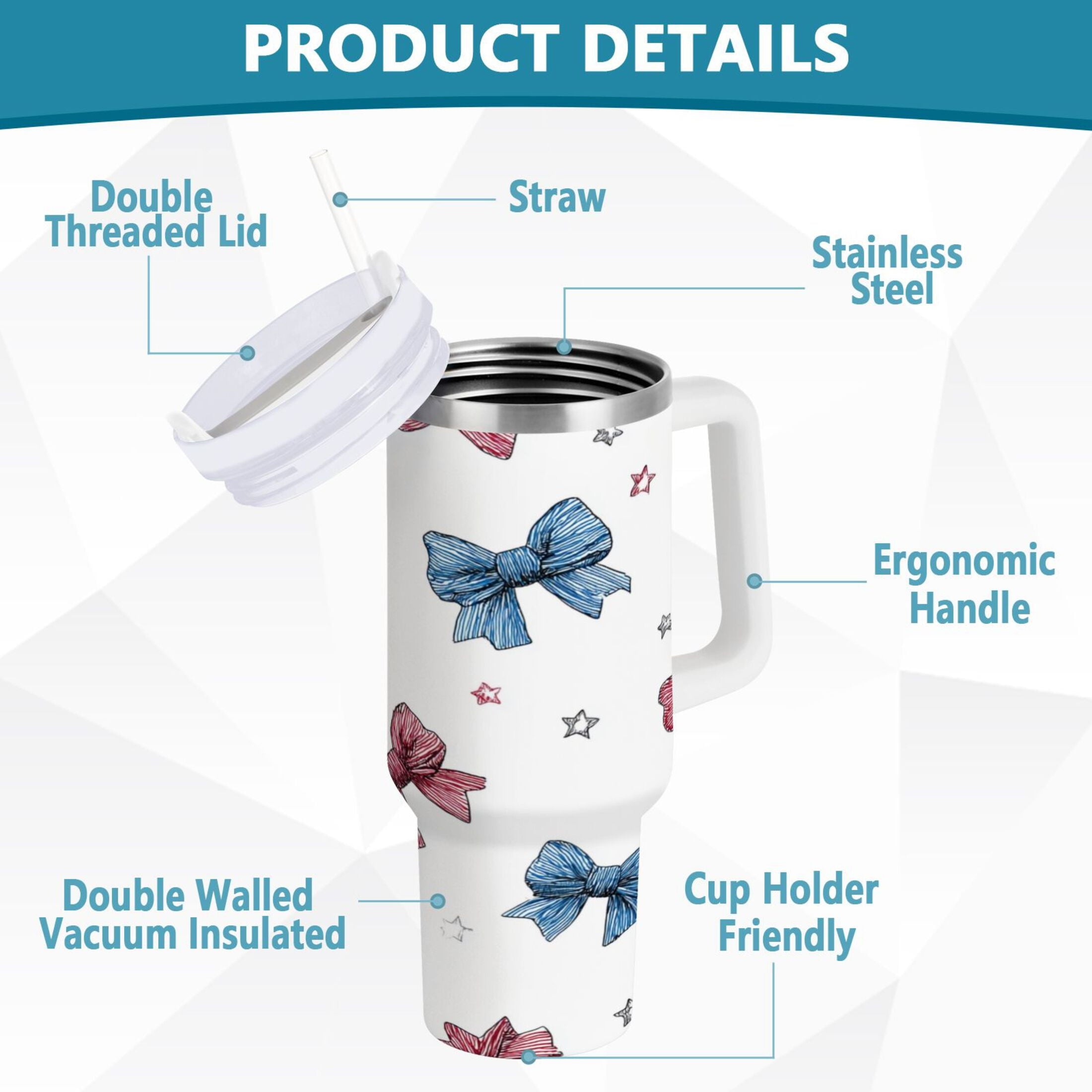 40 oz Insulated Stainless Steel Tumbler Double Wall Stainless Steel Tumbler with 2-Way Drinking Red and Blue Stripes Bows